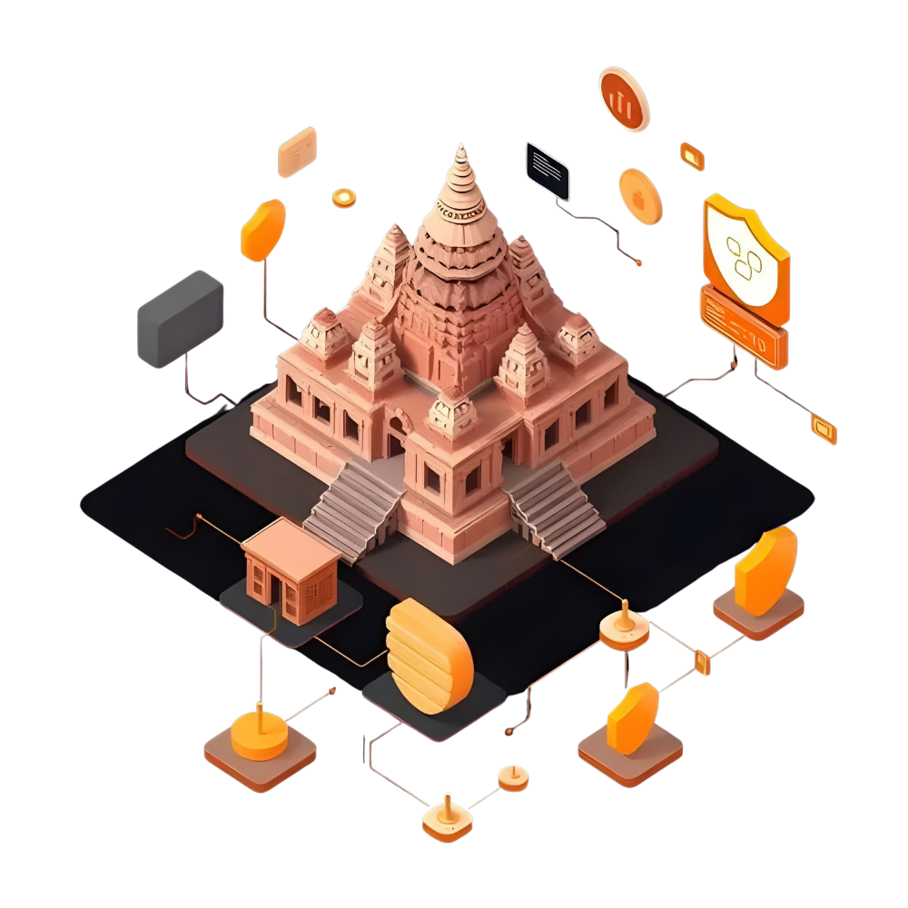 Illustration combining ancient Angkor Wat temple architecture with modern digital technology